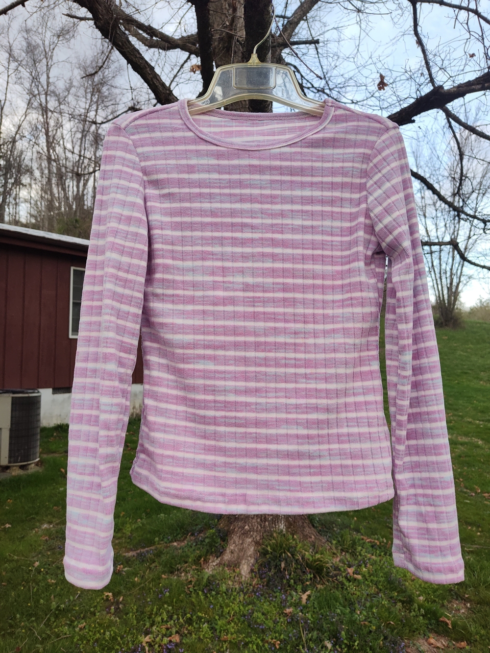 Light Pink Striped Ribbed Crewneck Sweater